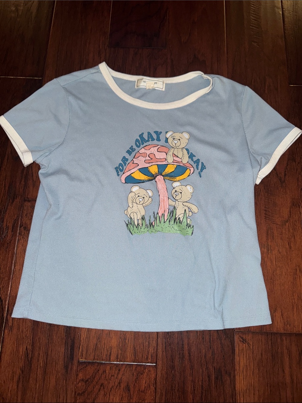 Light Blue Ringer Tee with Teddy & Mushroom Graphic